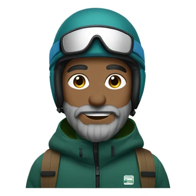 Snowboarder, black helmet, blue eyes, grey beard, dark green jacket sticker