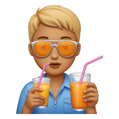 Sun is wearing sunglasses and drinking juice with stra sticker