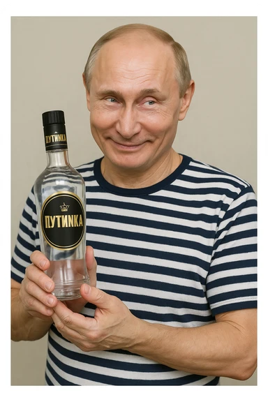 Сгенерируй мне как владимир путин в тельняжке держит эту водку, и на ней прям написанно только Путинка, другой текст убери. Он не должен касаться краев изображения и полностью помещаться в экран, а так же хитро улыбаться sticker