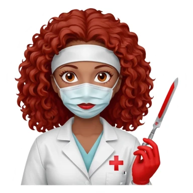 Scary woman scalpel in hand, evil surgeon sexy surgeon clothes.  She has red eyes. Her  brown long curly hair. Wears sexy doctor outfit with red gloves. make her hair free and brown but have mouthy  wear  mask  to hide. Wears white surgeon jacket and  has lon* brown hair. sticker