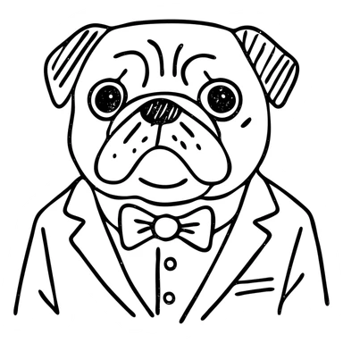 pug in a tuxedo, hand drawn outlined icon sticker