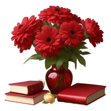 Aesthetic red vintage style book and a bouquet of red daisies and light red peonies in a red glass vase  sticker