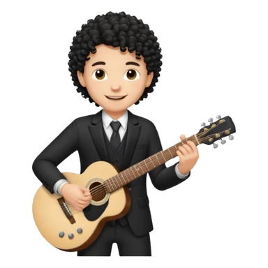 A white boy with black fade curly hair Smiling and holdijg a guitar in a black suit  sticker