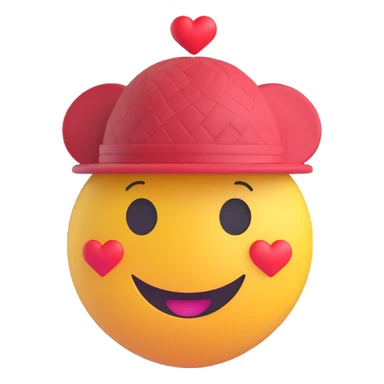 3D smiley emoji, round shape, in love: heart-patterned hat, smiling face, no body sticker
