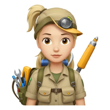 A female explorer with ponytail, backpack full of tools, confident and determined.
 sticker