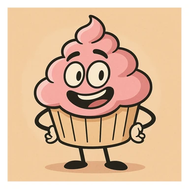 cupcake with pink icing, cartoon style, bold outlines, playful sticker