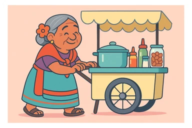 old Mexican lady pushing a food cart, warm and friendly, traditional dress, vibrant colors, street vendor, detailed, no text, pastel toon cartoon style sticker