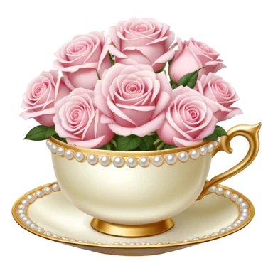 Elegant arrangement of pale pink roses in a pearl teacup with gold trim, vintage-style. sticker