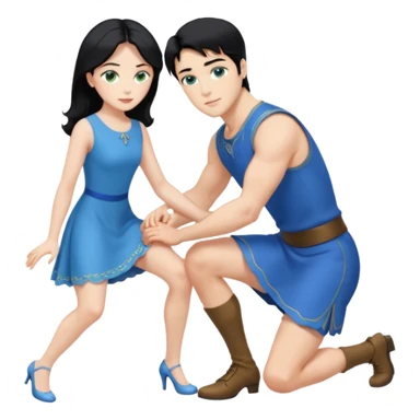 prince, upright, black Hair, blue eyes, blue garment,  Woman, blonde Hair, Green eyes, bending knee, sleveless, white Dress, sticker