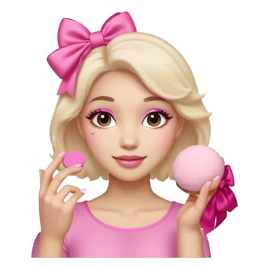 female face, light skin tone, small simple closed smile. One hand visible holding a round fluffy pink makeup powder puff pressed to the cheek; the puff has a small satin bow. sticker