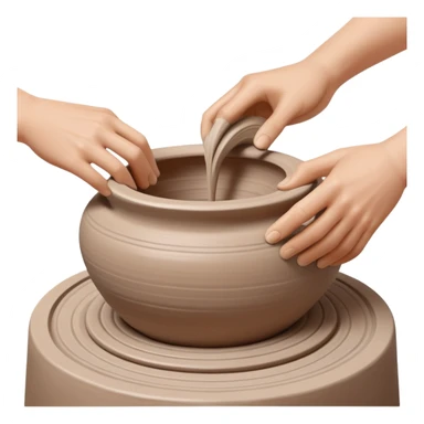 Two hands shaping a clay vessel on a silver pottery wheel, one hand inside and one hand outside the vessel, clean and focused view with no splashing clay sticker