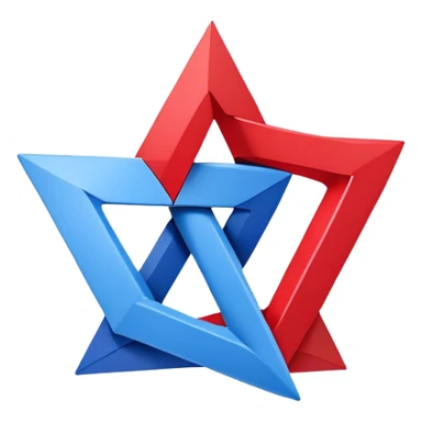 A logo or graphic design featuring two interconnected shapes. One shape is a red triangle on left, and the other is a blue square on right. Both are rendered in a 3D style, giving the impression of depth and overlapping planes. A center gray circular shape links the red triangle and blue square. The interlocking shapes form a design resembling the number 8 or an infinity symbol. The design is clean, simple, with bright colors of red and blue, and a neutral white background. sticker