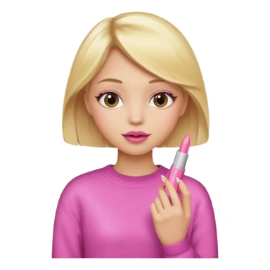 A blonde haired girl with a pink sweater and holding a lip gloss sticker