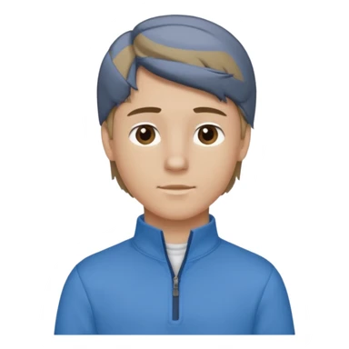 boy with dark blonde hair in a mullet to the front, with a neat blue shirt (not a t-shirt) and brown quarter zip sticker