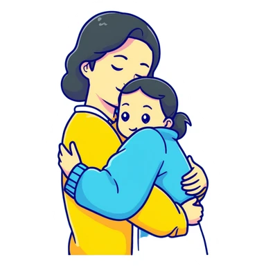 mother hugging daughter with pastel blue background and clothing sticker