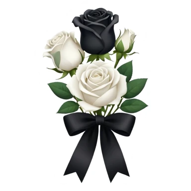 a bunch of white roses tied with a black velvet ribbon sticker
