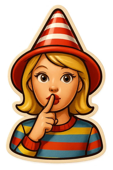Add a finger in front of the pursed lips to clearly show the shushing gesture, keeping the striped party hat and festive vibe, no background. sticker