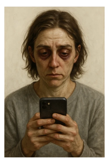 realistic style of a person with deep dark circles under eyes looking at their smartphone, light background sticker