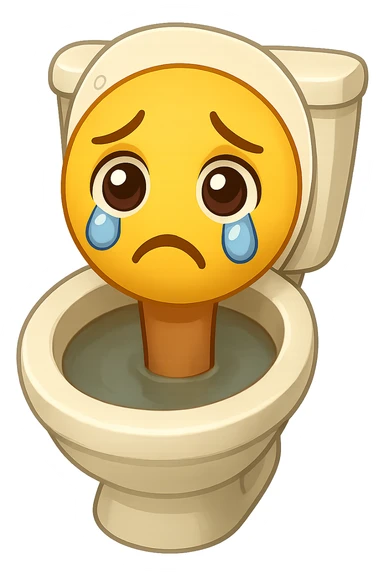Edit the image so the head emerging from the toilet has a sad expression with teary eyes and a downturned mouth in emoji style. Keep the background transparent. sticker