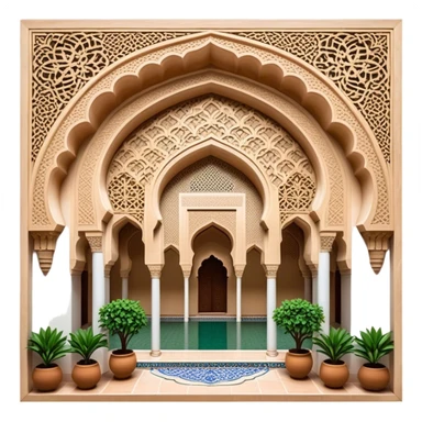 Alhambra – Cinematic Realistic Alhambra, depicted as a majestic Moorish palace with intricately carved arches, lush courtyards, and detailed tile work, bathed in soft golden light and dynamic shadows that highlight its opulent historical beauty. sticker
