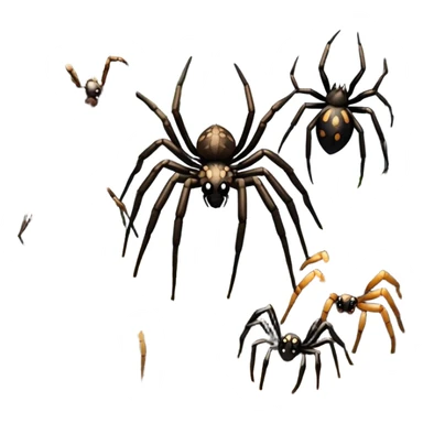 Collage of various spiders, including tarantulas and other exotic species, inside a  terrarium with webs and natural décor. Close-up shots of their intricate legs, eyes, and fuzzy bodies. Soft lighting, transparent background. sticker