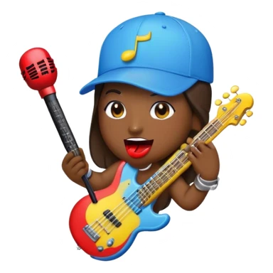 Create a dynamic and fun emoji that represents beatboxing. The design should feature a microphone with a cap placed on top, with large lips peeking out from underneath. From the lips, bass clefs and various musical instruments (like a guitar, drumstick, and keyboard) should be flying out, symbolizing the diversity and rhythm of beatboxing. Use vibrant colors like neon blue, red, and yellow to convey the energy and creativity of this vocal art form. The background should be transparent. sticker