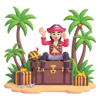 kid pirate with hand on forehead looking for something, one foot on treasure chest, palm trees in background sticker