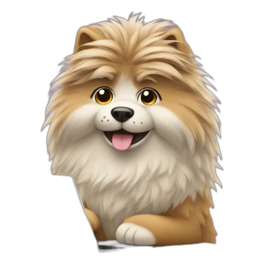 Fluffy working at a desk with a laptop sticker