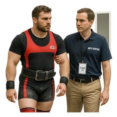 European powerlifter in competition clothing, escorted by anti-doping official to testing room, control atmosphere, realistic details, isolated on white background sticker