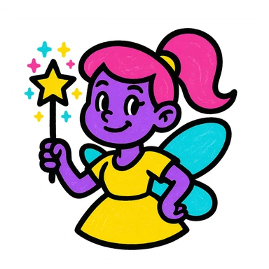 modern cartoon logo of a purple fairy with a sparkling magic wand, not childish sticker