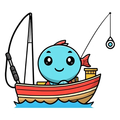 A cartoon fishing boat with a friendly face and tiny fishing rod sticker