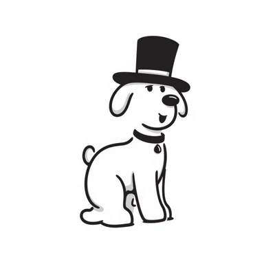 a dog in the style of Stick Dog from Tom Watson's Stick Dog books, simple stick-figure drawing, wearing a top hat sticker