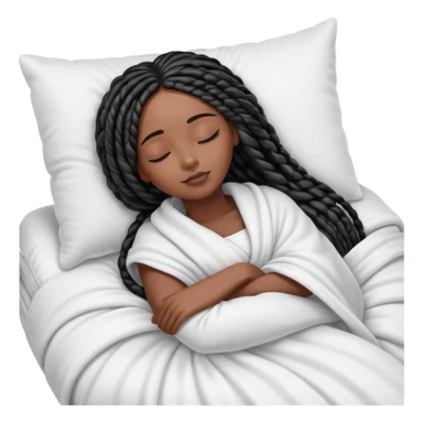 A dark-skinned Black woman with long black box braids, lying on her side in bed, wrapped in a blanket, resting on a pillow, eyes closed. sticker