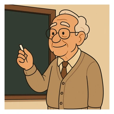 a senior teacher, 80 years old, with a kind face, chalk in hand, standing by a blackboard, cartoon style sticker