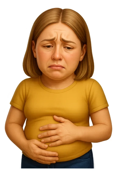 emoji stile iphone di donna con mal di pancia e pancia gonfia, iperrealistico 4k sticker