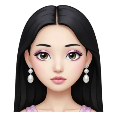 asian long black hair silver grey eyes glossy lips glittery white and light pink eyeshadow girl pearl earrings sticker