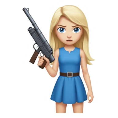Beautiful  blue eye blonde Long Hair Gangsta girl in a short Dress Looks angry  with a big gun sticker