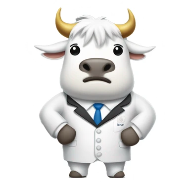 When the coin with the word Booms is turned, a white bull with a white mane and a white suit with the word Booms is standing with arms crossed. sticker