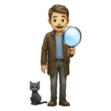 man standing, holding a magnifying glass, looking for cats on the street, no background sticker