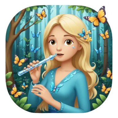 woodland sticker character, blonde woman playing crystal flute, butterflies around sticker