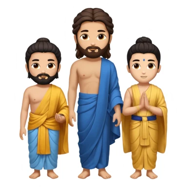 Create a Jesus, Krishna, and Buddha standing together. Buddha: warm golden or light tan skin, dark curled hair with a traditional top bun (ushnisha), half-closed meditative eyes

 sticker