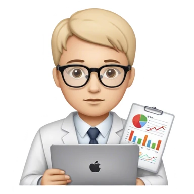 Emoji of an analyst: wearing glasses, focused expression, holding a graph, chart, or laptop, symbolizing data analysis and insights. sticker
