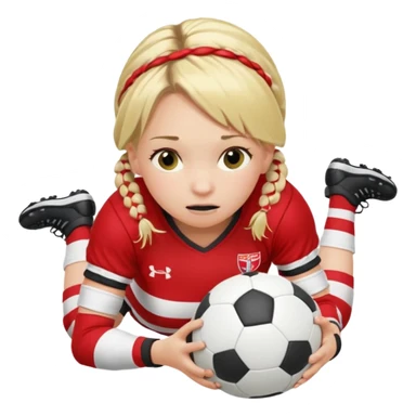Chica de pelo rubio tirada en el suelo boca abajo agarrando un balón DE RUGBY con las manos vestida con una equipación de color rojo y blanco con líneas y con unas botas de tacos de fútbol, con un bucal en la boca y el pelo con trenzas, se la tienen que ver las piernas  sticker
