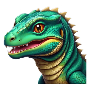 Cinematic Comical Komodo Dragon Lizard Portrait Emoji, Head tilted dramatically with an exaggeratedly shocked expression, featuring a robust, scaled body with wide, comically expressive eyes full of humorous disbelief, Simplified yet hilariously expressive features, highly detailed, glowing with a slightly sassy glow, high shine, dramatic yet playful, stylized with an air of quirky exotic attitude, soft glowing outline, capturing the essence of a meme-worthy Komodo dragon that looks ready to side-eye its way into viral fame! sticker