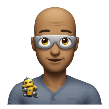 A man rubbing a toy robot against his bald forehead sticker