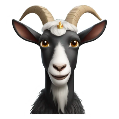 Goat with horns wearing a black sweater and royal crown sticker