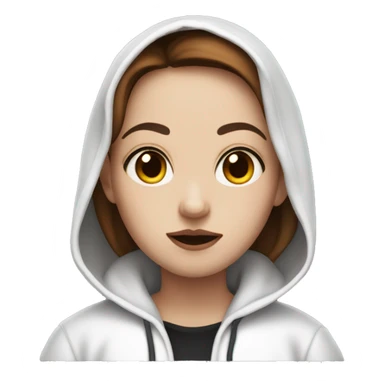 
White hoodie, brown hair, black eyes, slightly overweight girl with vampire make-up sticker