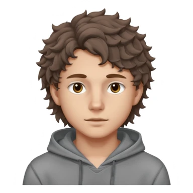 18 year old boy siren eyes good jawline with grey hoodie and long brown wavy curly wolf cut hair sticker