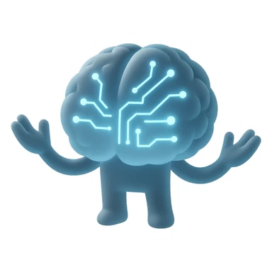 futuristic AI brain with glowing circuits and open arms in matte glass style sticker
