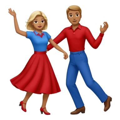 Two people. Man  wearing all red  with brown hair. Women iall blue with blond hair. Swing Dancing.  sticker